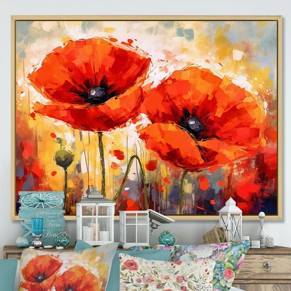 Designart "Dreams Of Vibrant Red And Yellow Poppy Fields" Poppies Floater Framed Canvas Prints
