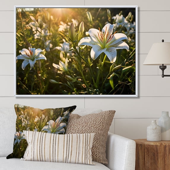 Designart "Dreamscape: Lilies' Field Of Beauty I" Lilies Floater Framed Wall Decor