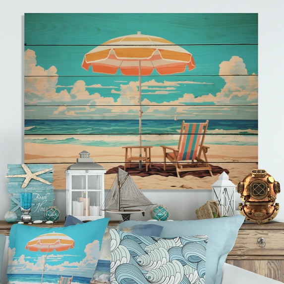 Designart "Dreamy Beach Chairs I" Nautical & Beach Print on Natural Pine Wood