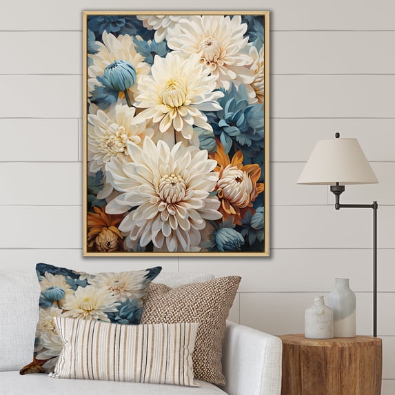 Designart "Dreamy Blue Background With White Mums I" Mums Floater Framed Canvas Prints
