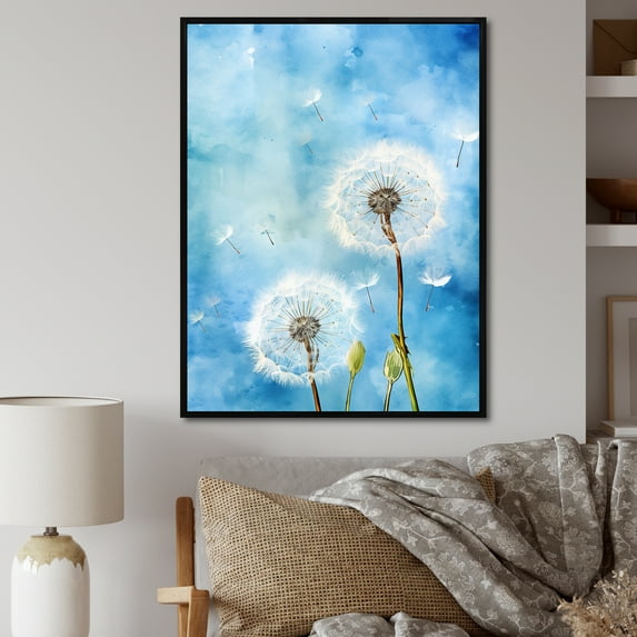 Designart "Dreamy Blue Dandelions I" Dandelion Floater Framed Canvas Wall Art