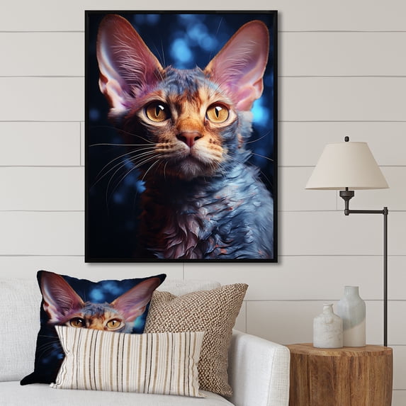 Designart "Dreamy Devon Rex Cat" Animals Cat Floater Framed Wall Art Living Room
