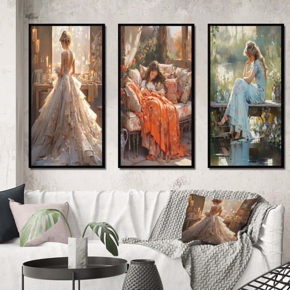 Designart "Dreamy and Elegant Impressionistic Portrait of a Woman III" Fashion Woman Framed Wall Art Set Of 3 - White Glam Frame Gallery Set For Office Decor
