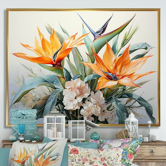 Designart "Dreamy Minimalist Birds Of Paradise II" Birds Of Paradise Floater Framed Canvas Art Print