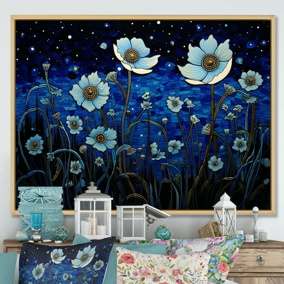 Designart "Dreamy Moonlit Flower Fields II" Wildflowers Floater Framed Wall Art Living Room