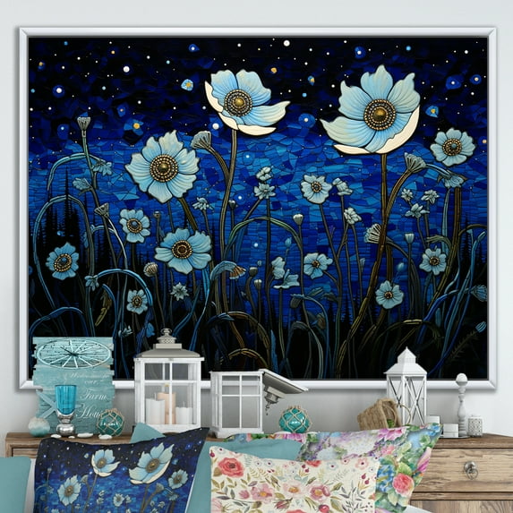 Designart "Dreamy Moonlit Flower Fields II" Wildflowers Floater Framed Wall Art Living Room