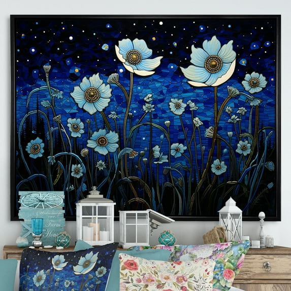 Designart "Dreamy Moonlit Flower Fields II" Wildflowers Floater Framed Wall Art Living Room