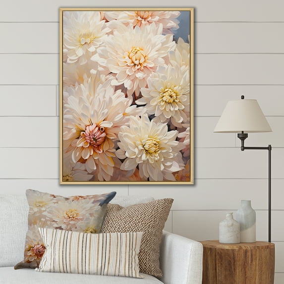 Designart "Dreamy Mums: Collage Of Beige Chrysanthemums" Chrysanthemums Floater Framed Wall Art Prints