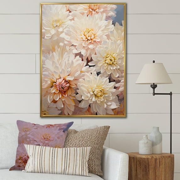 Designart "Dreamy Mums: Collage Of Beige Chrysanthemums" Chrysanthemums Floater Framed Wall Art Prints