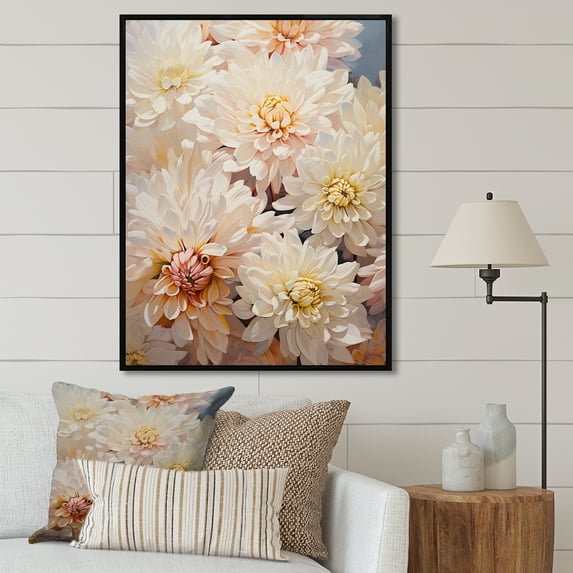 Designart "Dreamy Mums: Collage Of Beige Chrysanthemums" Chrysanthemums Floater Framed Wall Art Prints
