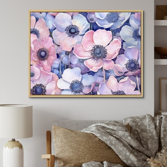 Designart "Dreamy Peppiness In Purple And Pink" Poppies Floater Framed Canvas Wall Art