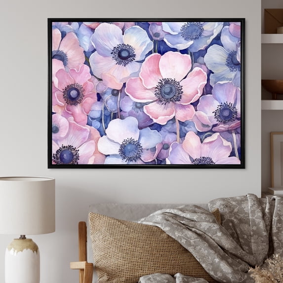 Designart "Dreamy Peppiness In Purple And Pink" Poppies Floater Framed Canvas Wall Art