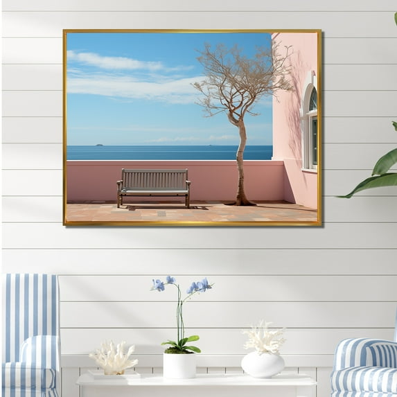 Designart "Dreamy Pink And Blue Coastal Getaway I" Coastal Floater Framed Canvas Art Print