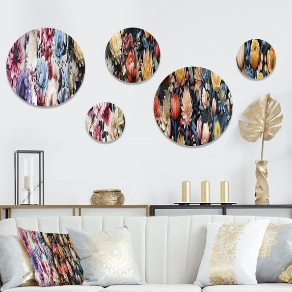 Designart "Dreamy Pink Purple Watercolor Florals" Floral Round Wall Art Set Of 5 - Pink Cottage Living Room Wall Metal Art Set