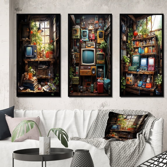 Designart "Dreamy Reflection on Vintage Video Games II" Entertainment Framed Wall Art Set Of 3 - Multi-Color Video Games Frame Gallery Wall Set For Home Decor