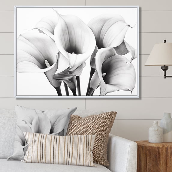 Designart "Dreamy Serenade: Lilies In Black And White I" Lilies Floater Framed Wall Decor