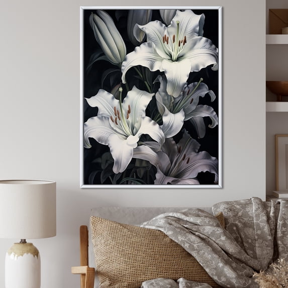 Designart "Dreamy Serenade: Lilies In Black And White" Lilies Floater Framed Canvas Prints