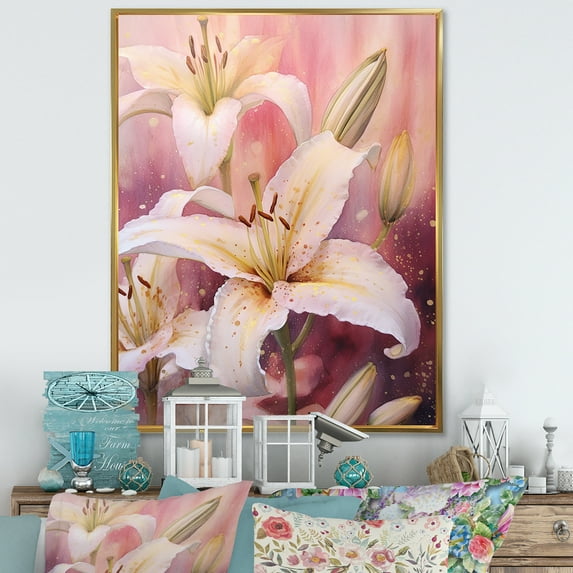 Designart "Dreamy Serenade: Pink Lilies" Lilies Floater Framed Canvas Wall Art