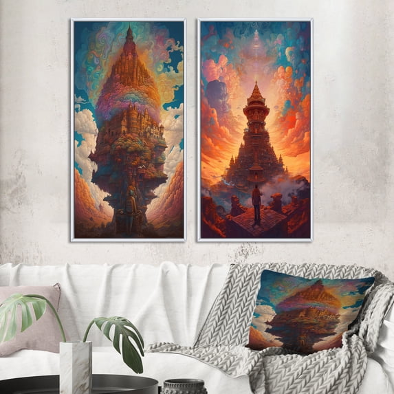Designart "Dreamy Sunset Landscape Ancient Temple Scene I" Christianism Framed Wall Art Set Of 2 - Traditional Red Gallery Wall Frame Set For Home Decor