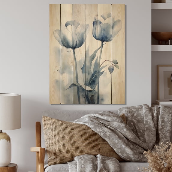 Designart "Dreamy Tulips III" Floral Print on Natural Pine Wood