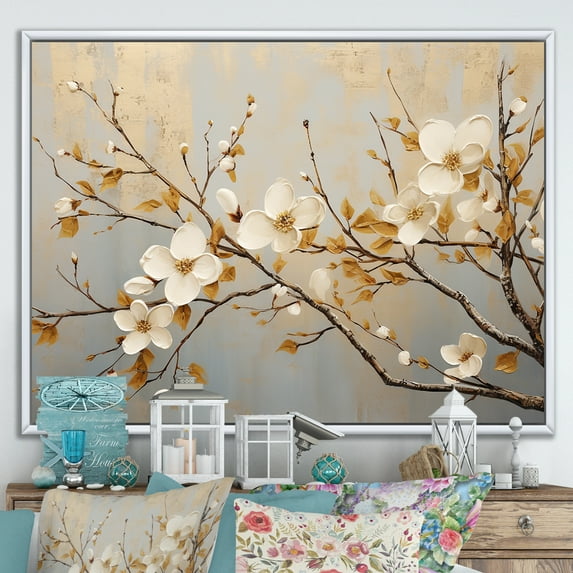 Designart "Dreamy White Dogwood Blossom III" Dogwood Floater Framed Wall Art Prints