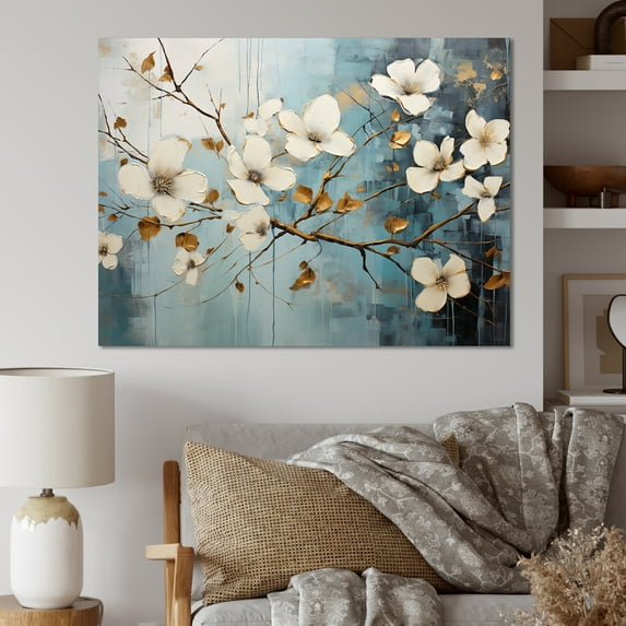 Designart "Dreamy White Dogwood Blossom IV" Dogwood Wall Art Living Room