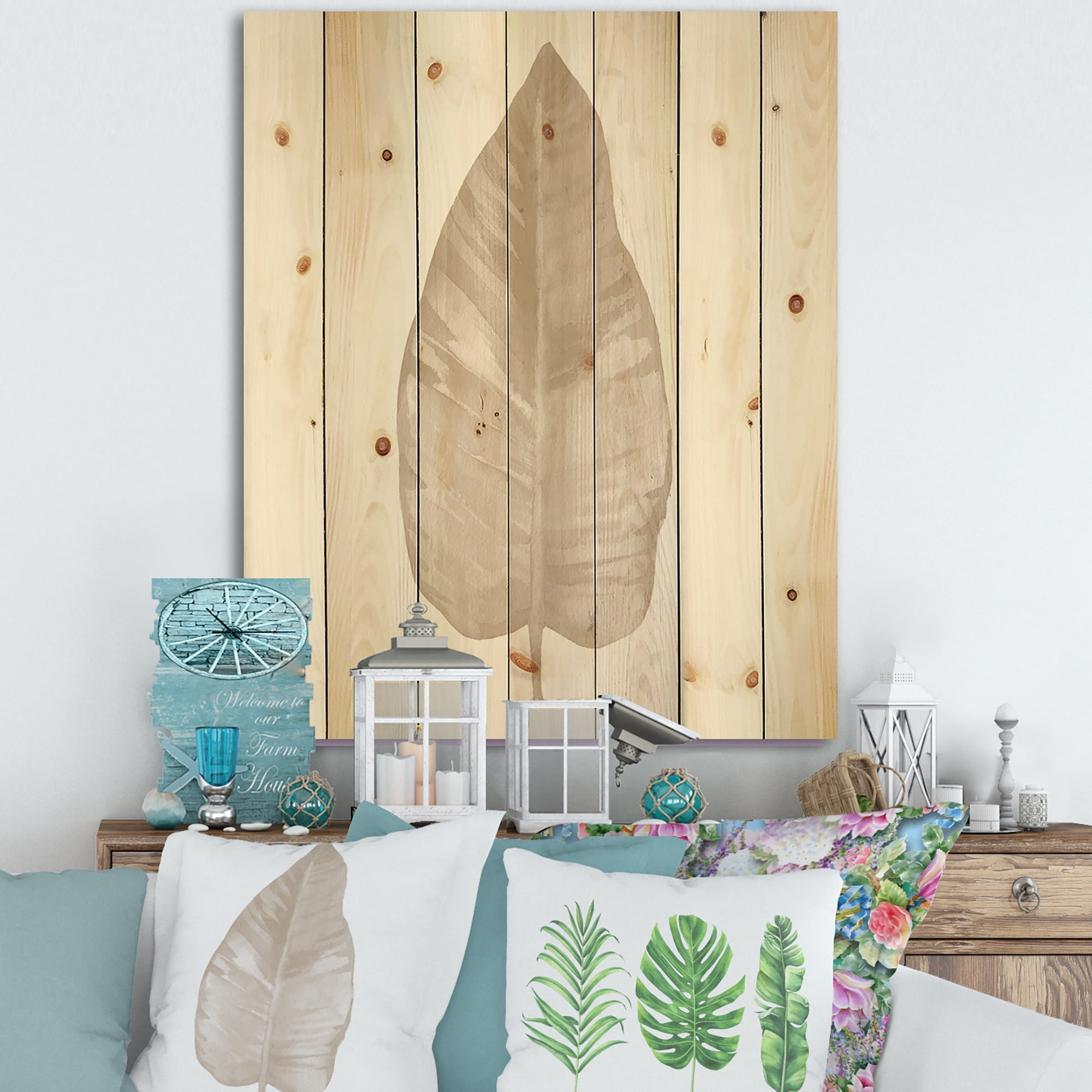 Designart 'Dried Leaf Plant Beige On White Background' Traditional Print on Natural Pine Wood