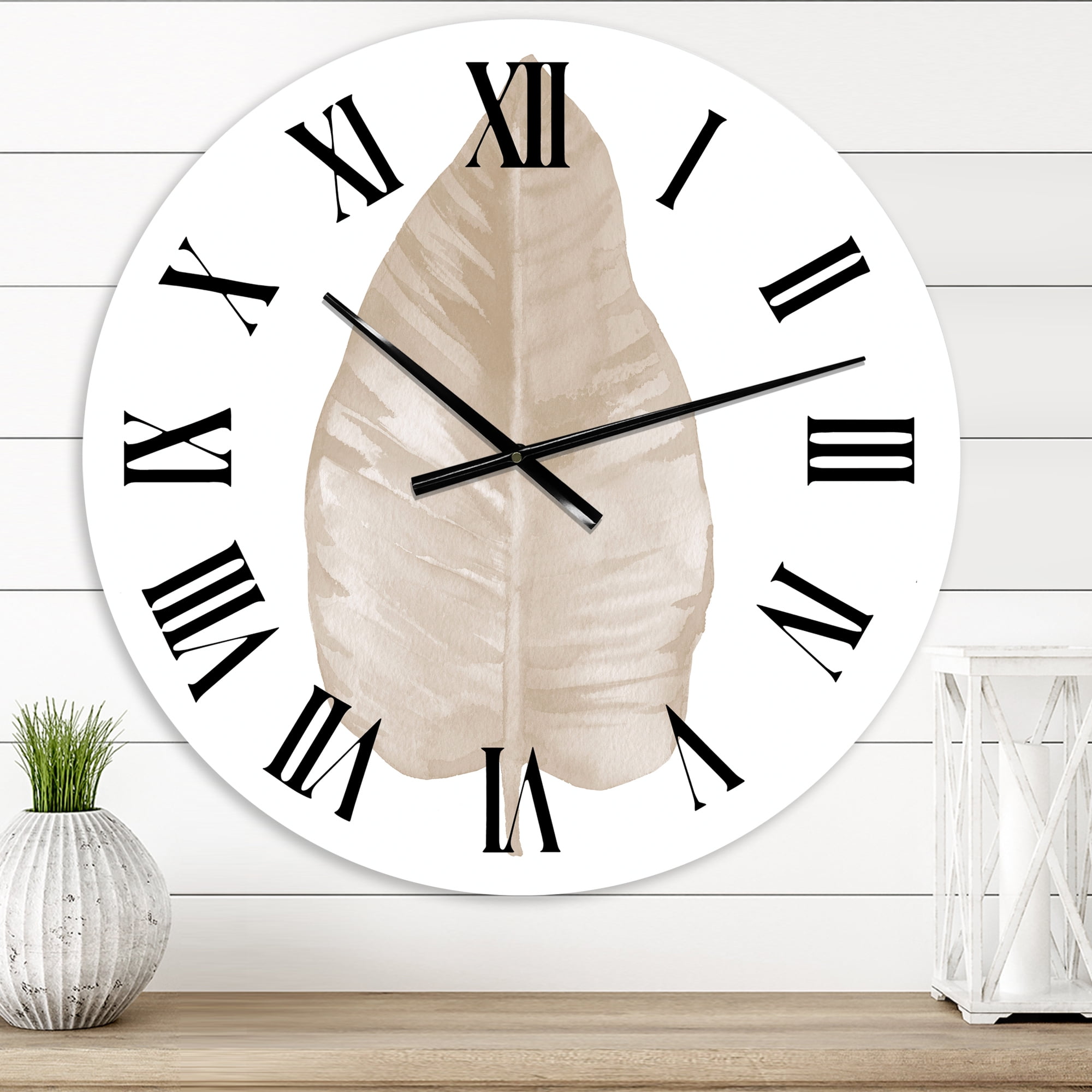 Designart 'Dried Leaf Plant Beige On White' Traditional Wall Clock
