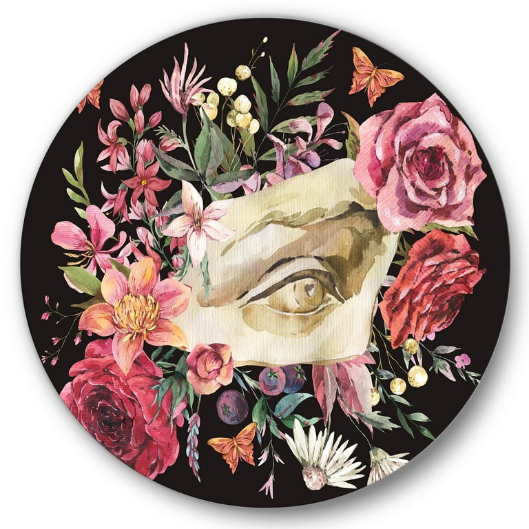 Designart 'Dried Wildflowers with Greek Sculpture David Eye' Farmhouse Circle Metal Wall Art 23x23 - Disc of 23