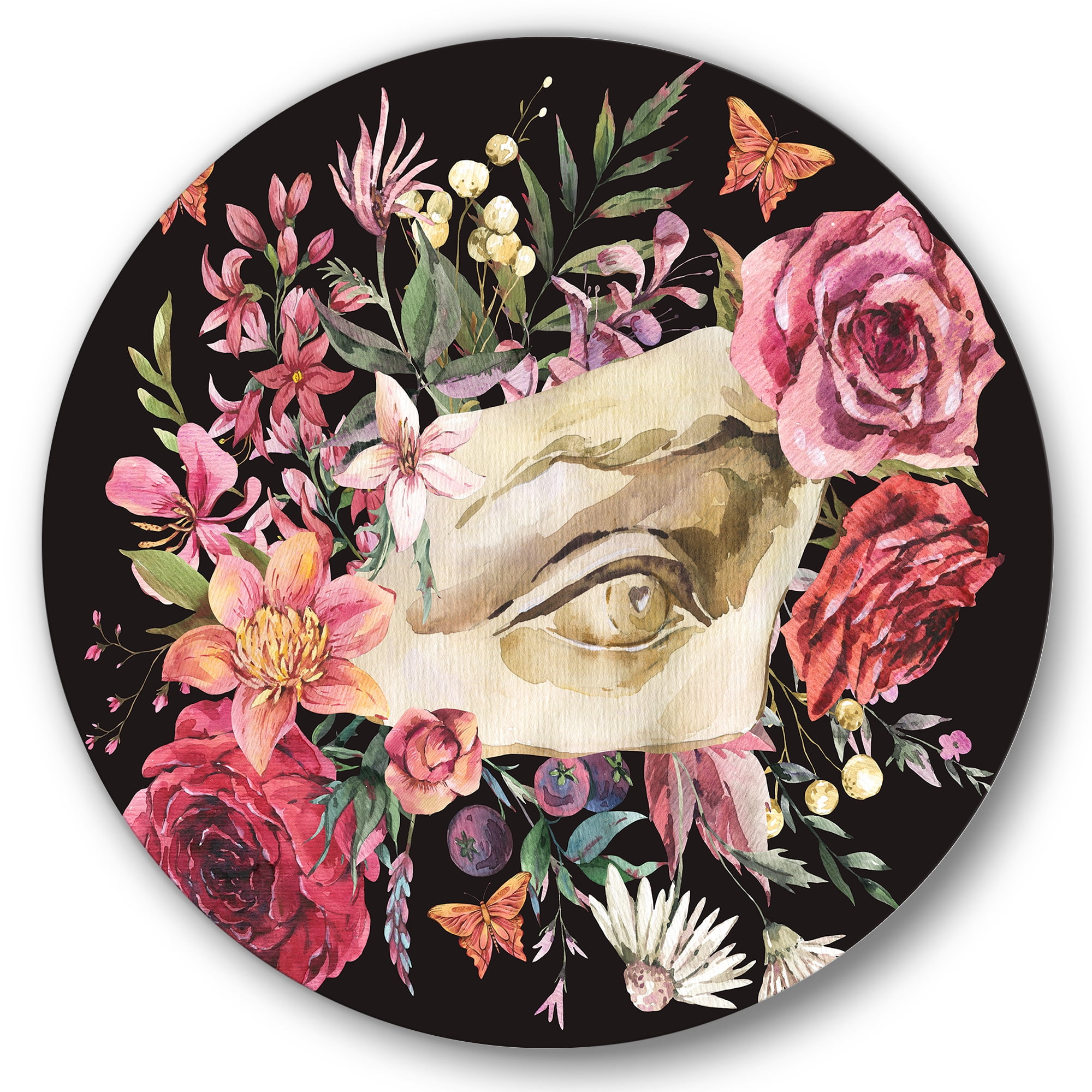 Designart 'Dried Wildflowers With Greek Sculpture David Eye' Farmhouse Circle Metal Wall Art 36x36 - Disc of 36