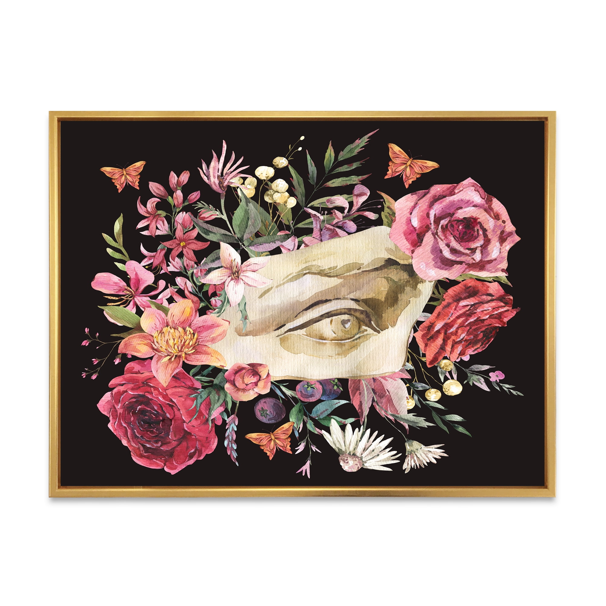 Designart 'Dried Wildflowers With Greek Sculpture David Eye' Farmhouse Framed Canvas Wall Art Print