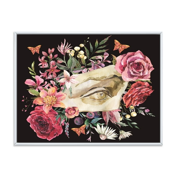 Designart 'Dried Wildflowers With Greek Sculpture David Eye' Farmhouse Framed Canvas Wall Art Print