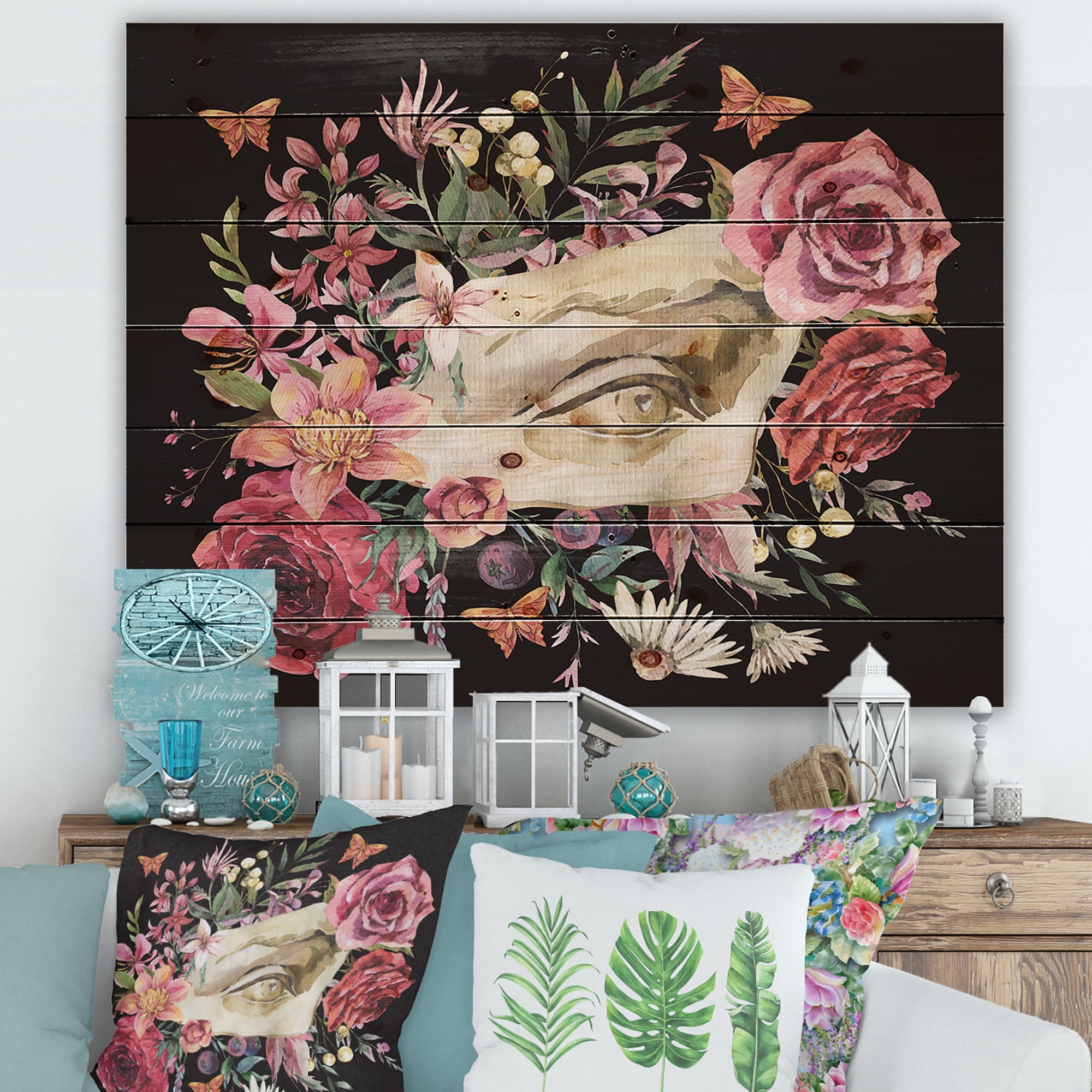 Designart 'Dried Wildflowers With Greek Sculpture David Eye' Farmhouse Print on Natural Pine Wood