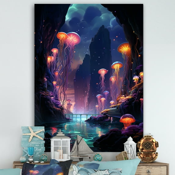 Designart "Drifting Purple and Pink Jellyfish" Animals Canvas Wall Art - Coastal Purple Coastal Animal Bedroom Canvas Wall Art