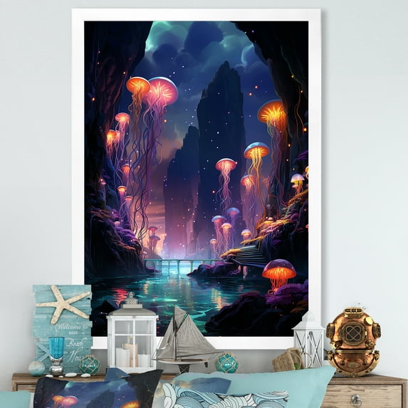 Designart "Drifting Purple and Pink Jellyfish" Animals Framed Wall Art - Coastal Purple Coastal Animal Living Room Framed Canvas Art