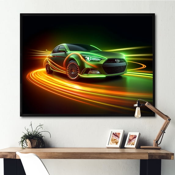 Designart "Drifting Through Neon Lights" Cars Drifting Floater Framed Canvas Prints