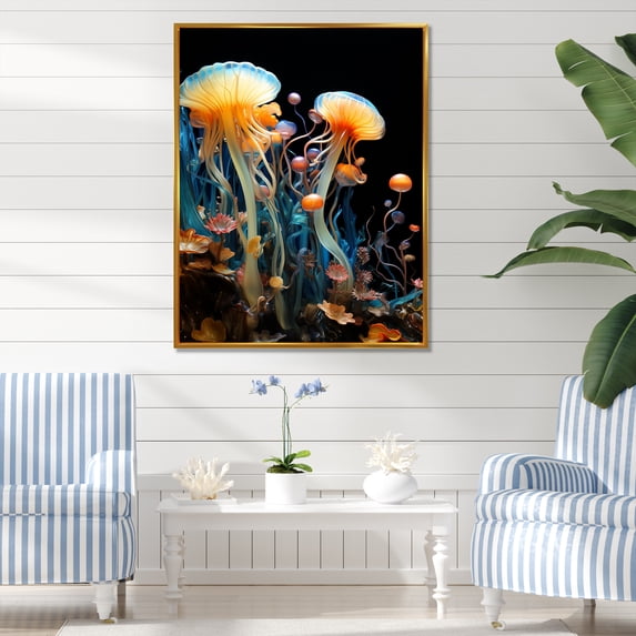 Designart "Drifting Yellow Jellyfish" Animals Framed Wall Art - Coastal Yellow Coastal Animal Entryway Framed Wall Art