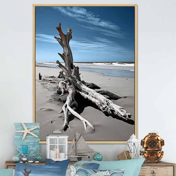 Designart "Driftwood on the Beach II" Nautical & Beach Floater Framed Canvas Art Print