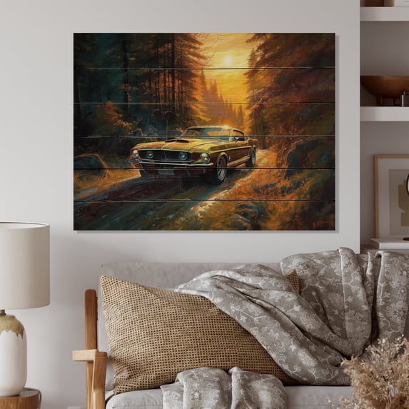 Designart "Drives through the Forest with a Mustang III" Muscle Car Print on Natural Pine Wood
