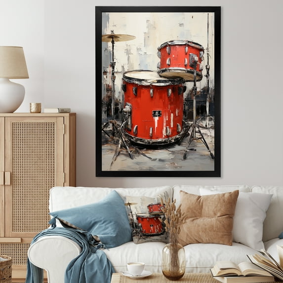 Designart "Drum Beat Portrait in Red" Music Framed Wall Art - Vintage Red Music Entryway Framed Wall Art