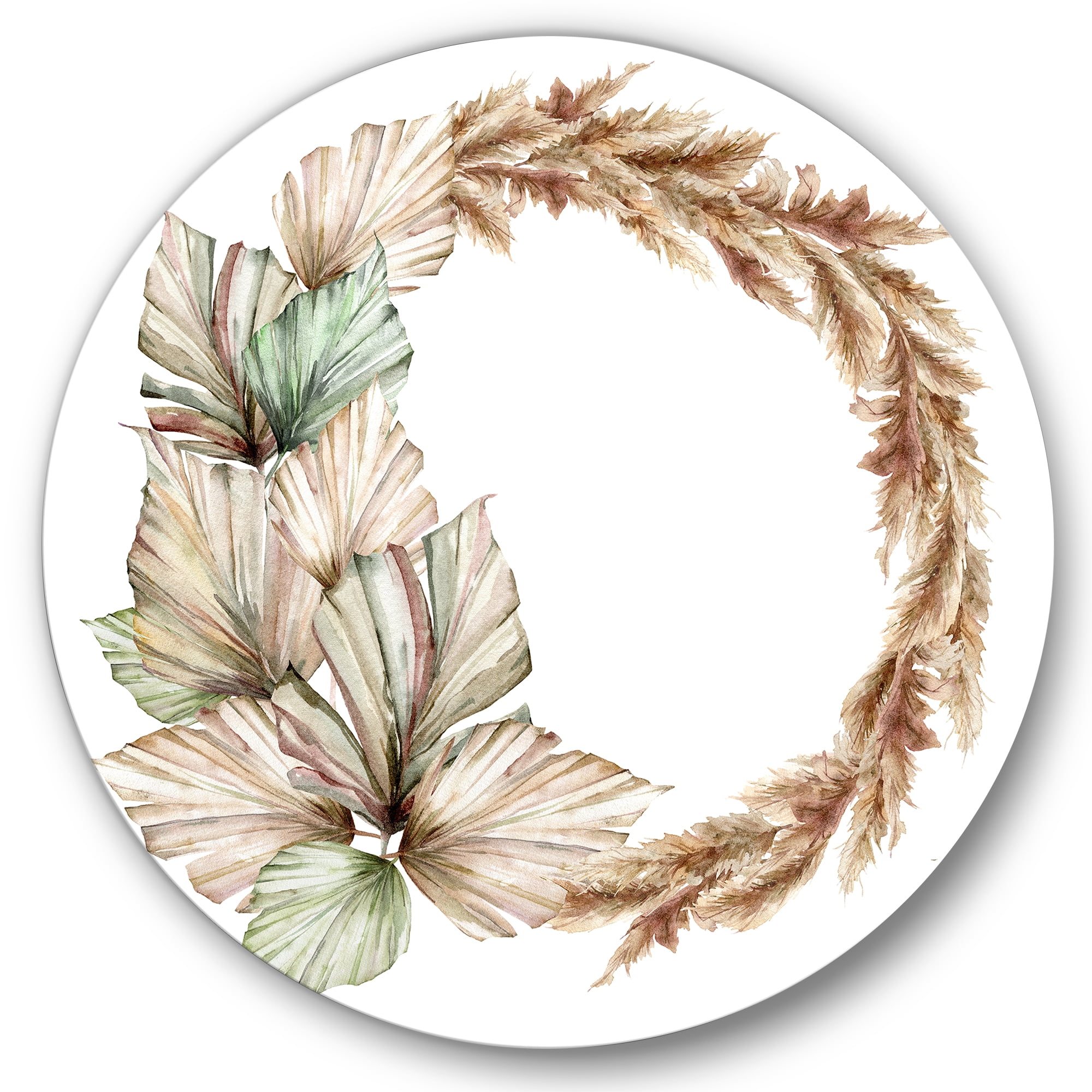 Designart 'Dry Palm Leaves and Pampas Grass With Wreath' Traditional Circle Metal Wall Art 29x29 - Disc of 29