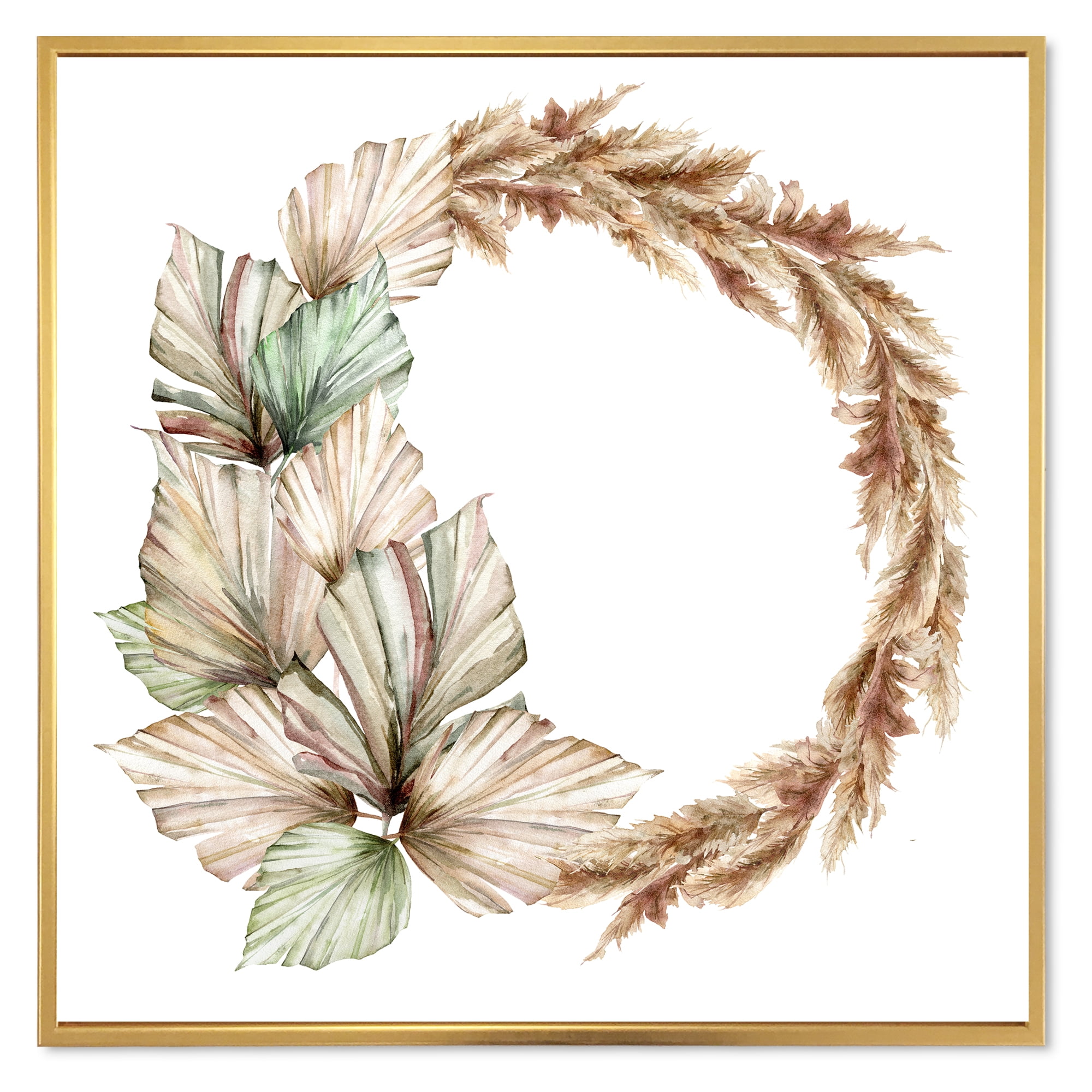 Designart 'Dry Palm Leaves and Pampas Grass With Wreath' Traditional Framed Canvas Wall Art Print