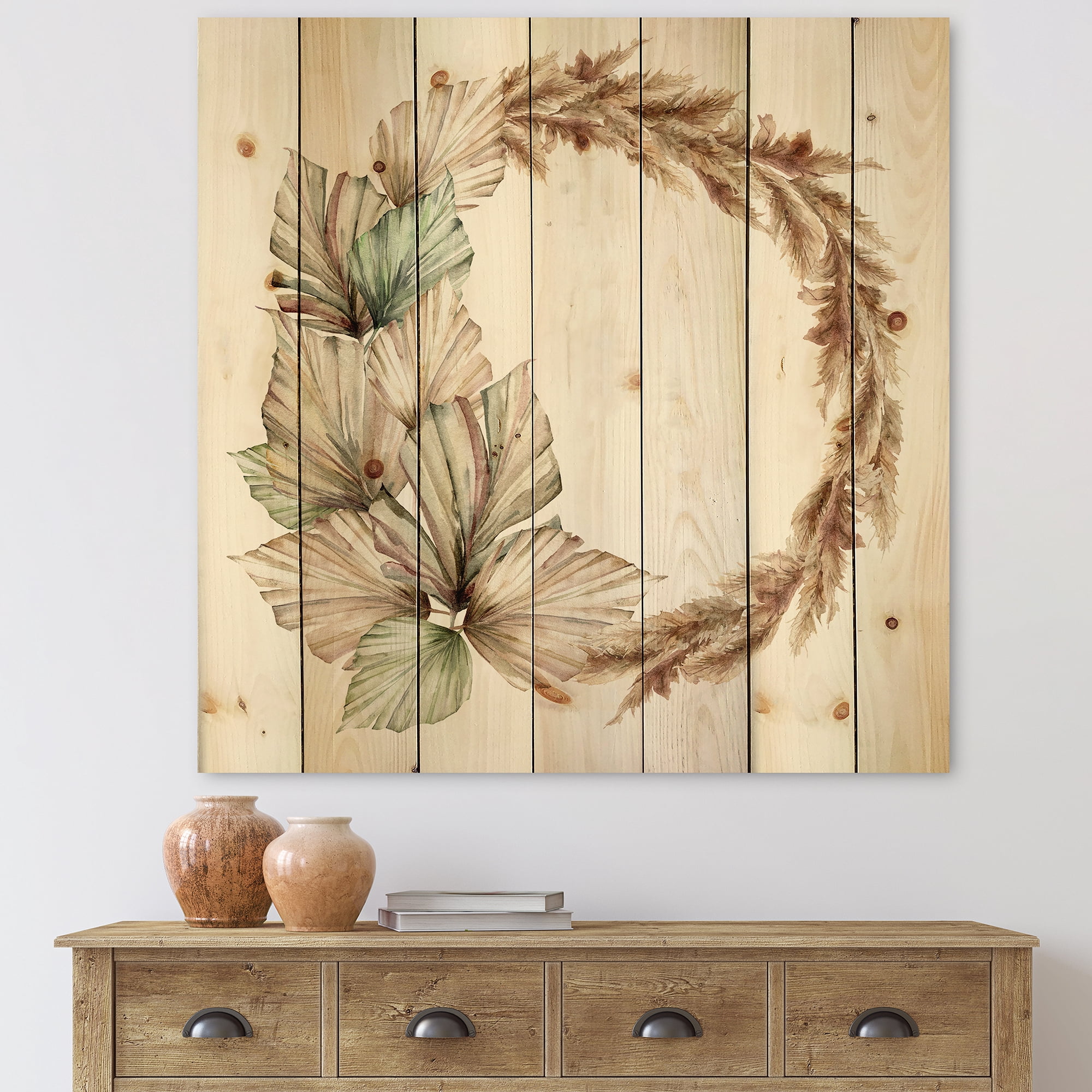 Designart 'Dry Palm Leaves and Pampas Grass With Wreath' Traditional Print on Natural Pine Wood