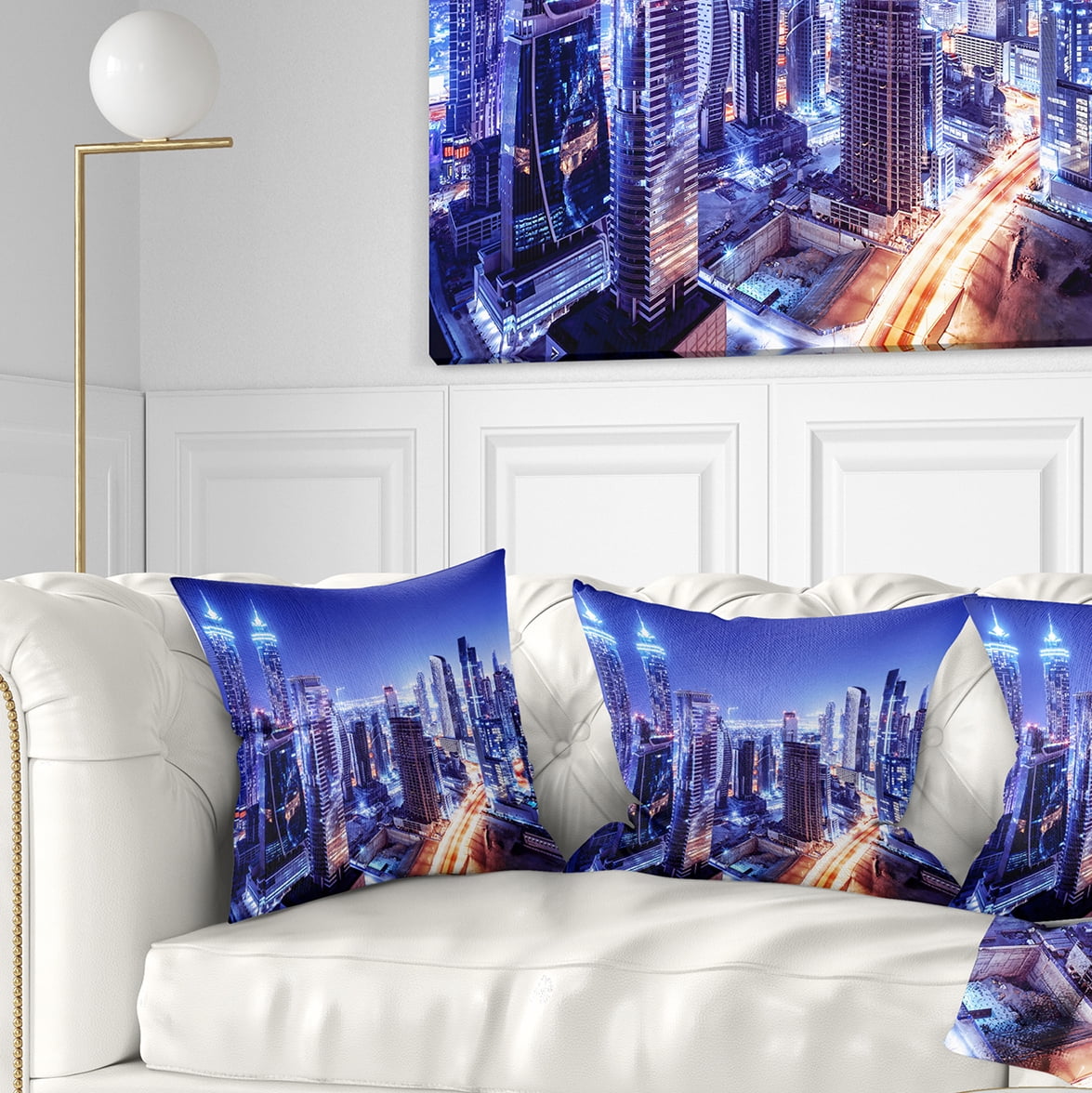 Designart Dubai Downtown Night Scene - Cityscape Photography Throw Pillow - 16x16