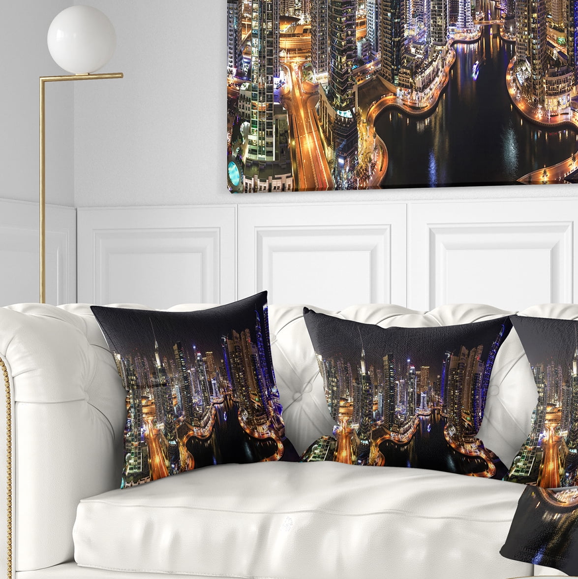 Designart Dubai Marina View at Night - Cityscape Throw Pillow - 18x18