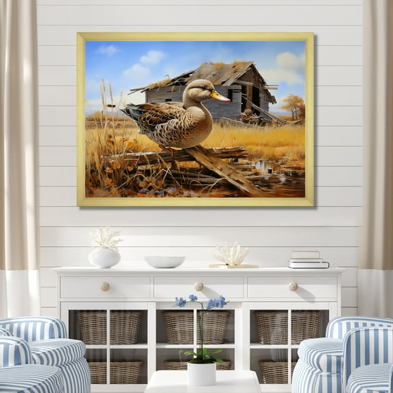 Designart "Duck Waddling by the Barn II" Animals Framed Wall Art Decor - Modern Farmhouse Brown Duck Bedroom Framed Canvas Wall Art