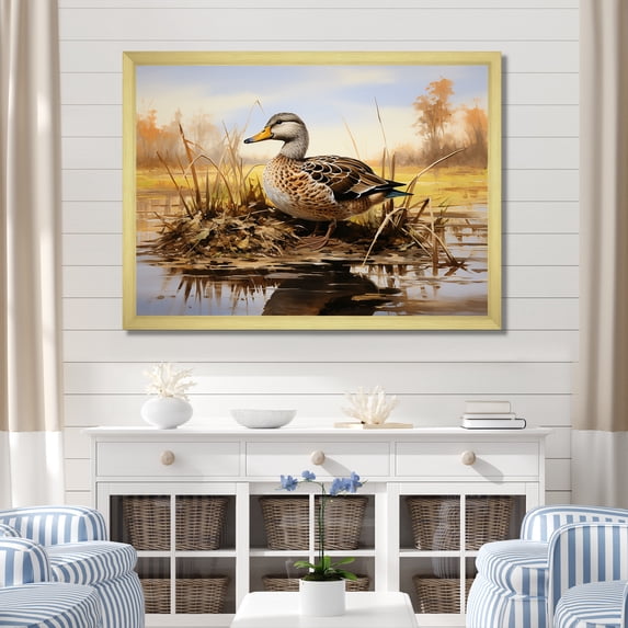 Designart "Duck Waddling in the Countryside III" Animals Framed Wall Art Decor - Modern Farmhouse Brown Duck Entryway Framed Wall Art