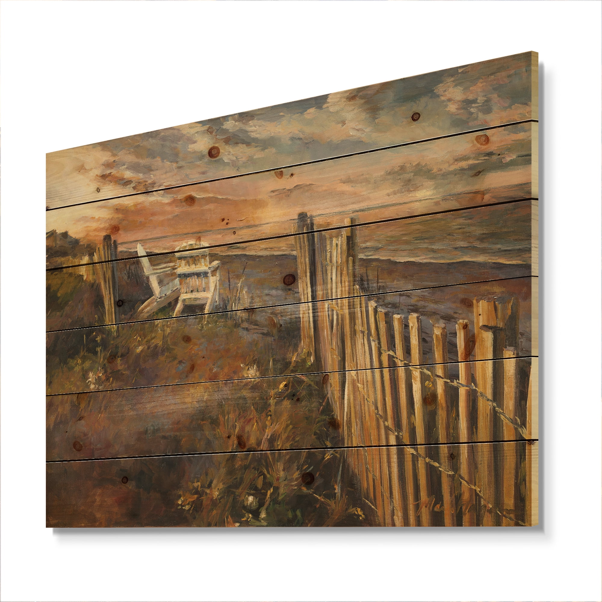 Designart 'Dunes Sunset' Nautical & Coastal Print on Natural Pine Wood