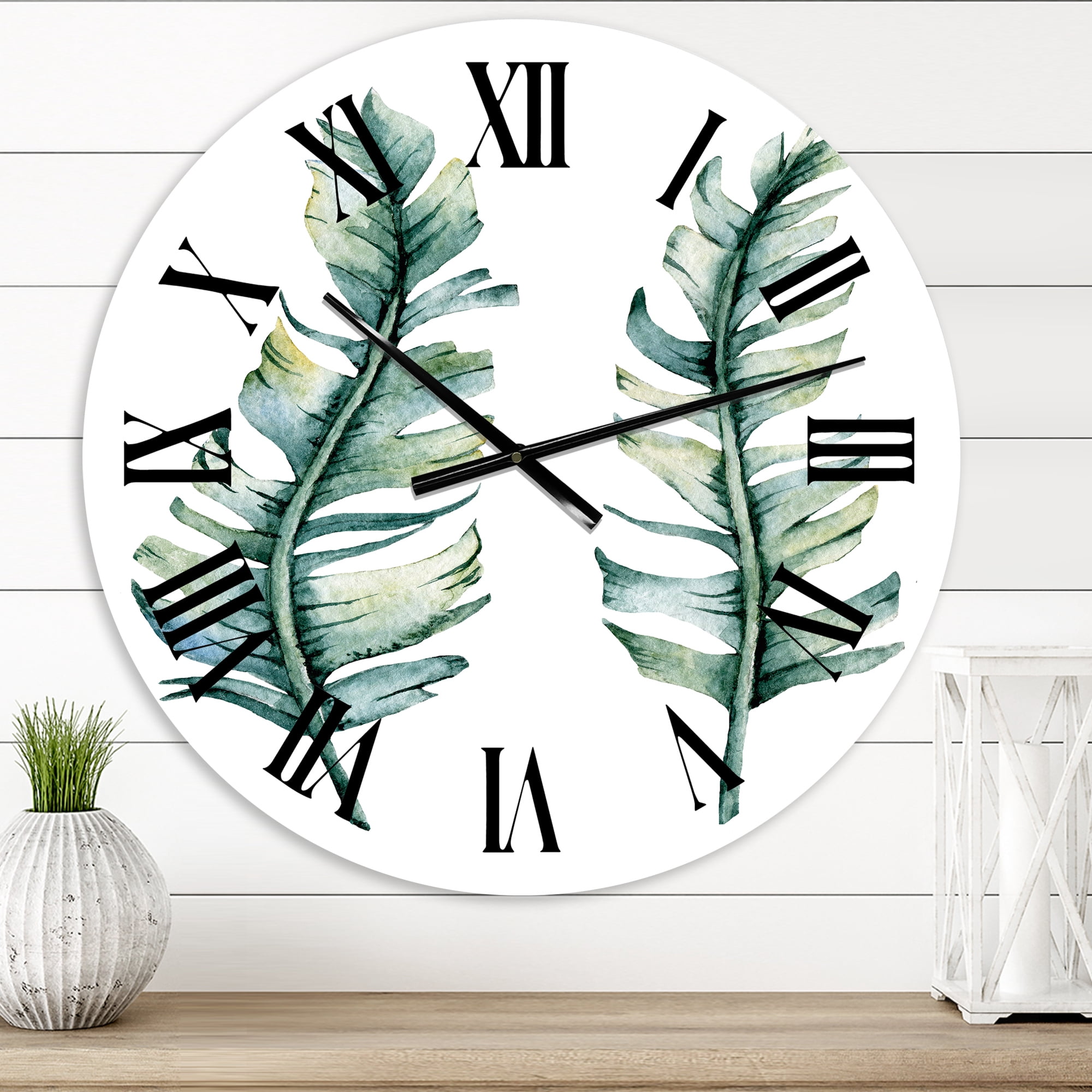 Designart 'Duo Of Tropical Leaves' Farmhouse Wall Clock