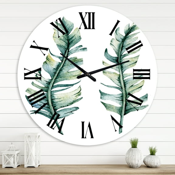 Designart 'Duo Of Tropical Leaves' Farmhouse Wall Clock